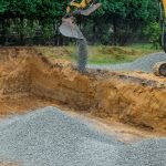 Backfilling trench for the gravel stones at construction site in excavator backfill of foundation